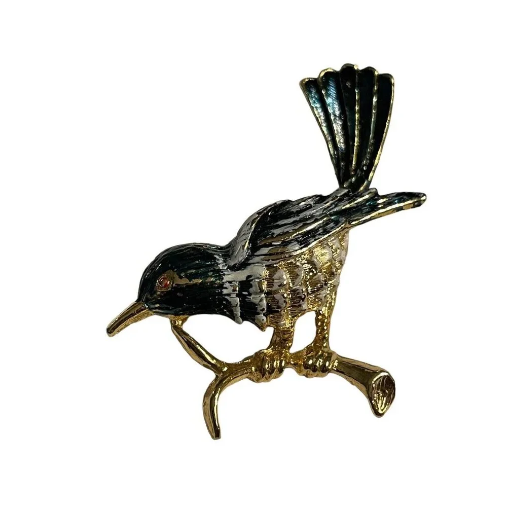 Gerry's Vintage Bird on Branch Brooch Pin‎ Gold Tone Enameled Blue White Read
